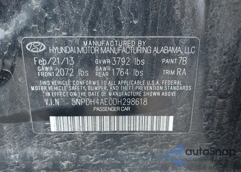 2013 Hyundai Elantra Gls z USA, uszkodzony, nr VIN 5NPDH4AE0DH298618